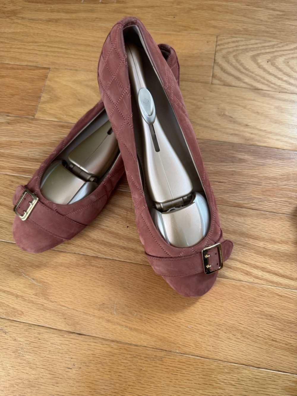 Burberry Quilted Suede Ballet Flats in Dusty Rose with Gold Buckle
